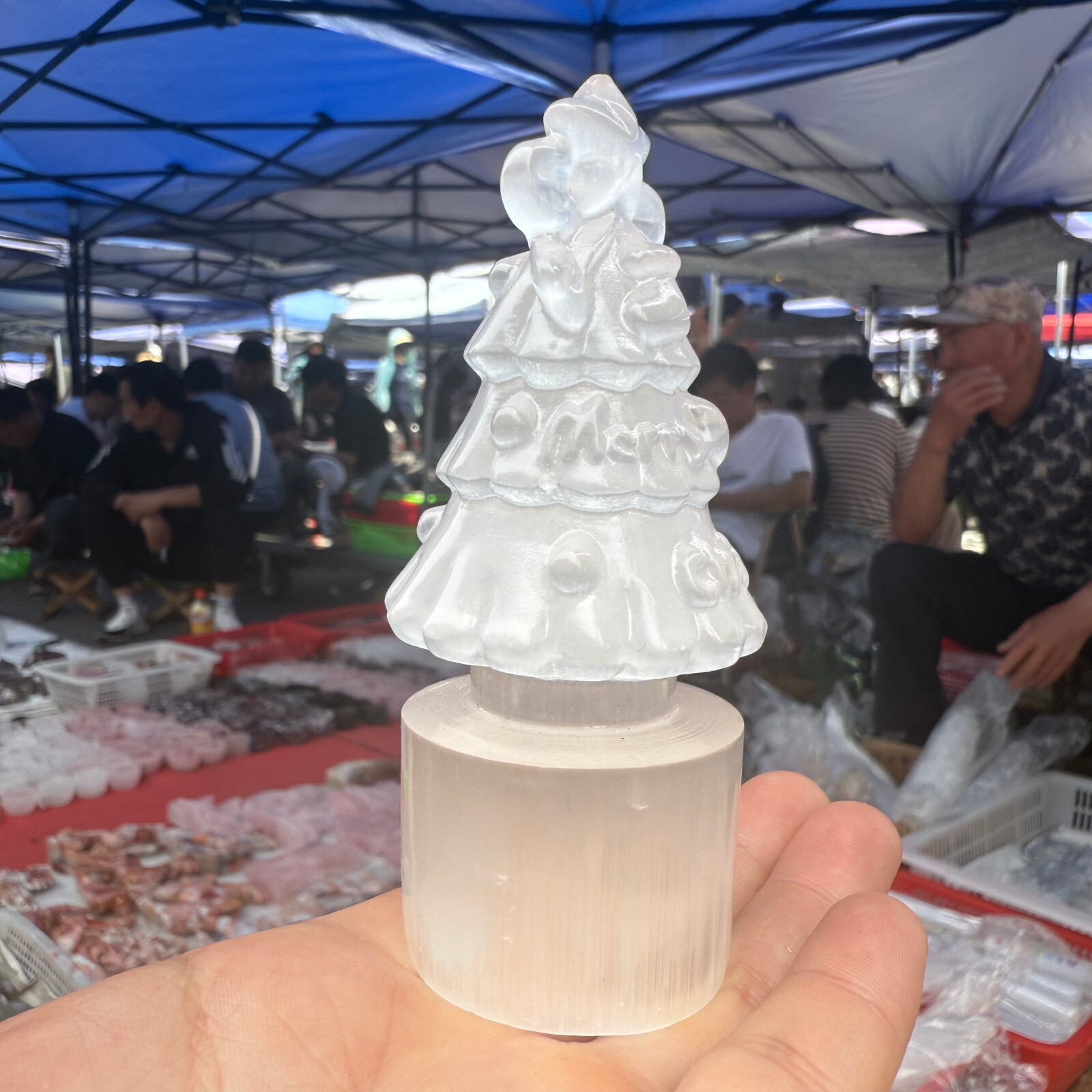 3.8″Natural White stone paste Christmas tree Quartz Crystal Carved Reiki Healing