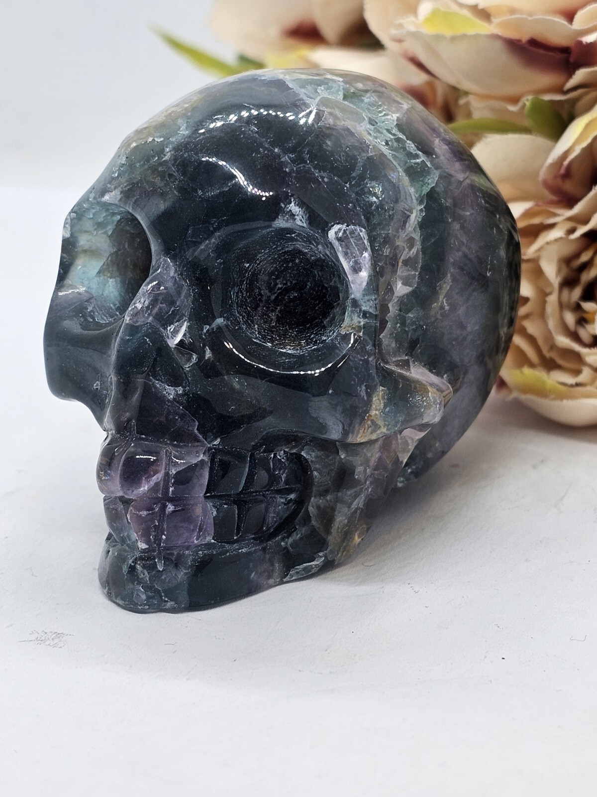 Rainbow Fluorite Skull Crystal Carving 317g Purple Green Blue 6.5x 5 x 4.4cm