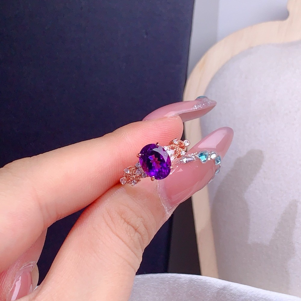 Natural Amethyst Open Adjustable Ring Gemstone S925 Silver Plated 18K Gold Gift