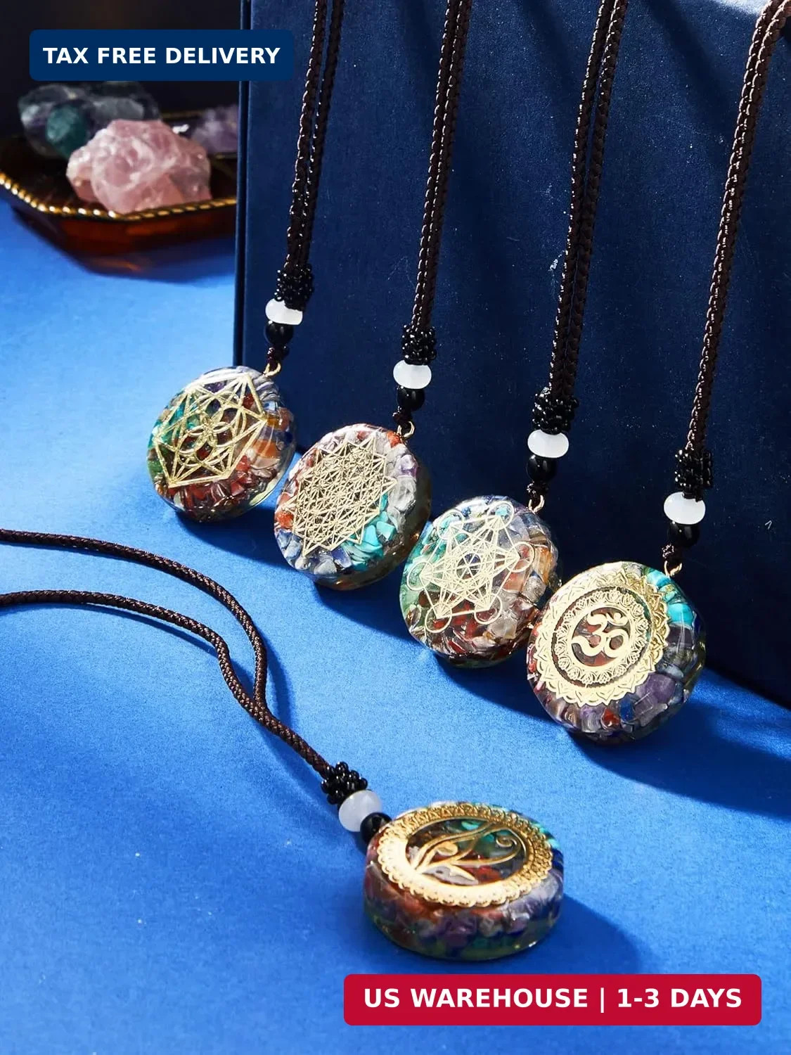 MTLEE 5-Piece Chakra Necklace Set: Orgonite Crystal Pendants, Healing Energy, Un