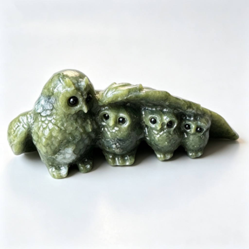 Natural Nanyang Jade Mother Owl Figurine Polished Crystal Desk Decor Unique Gift