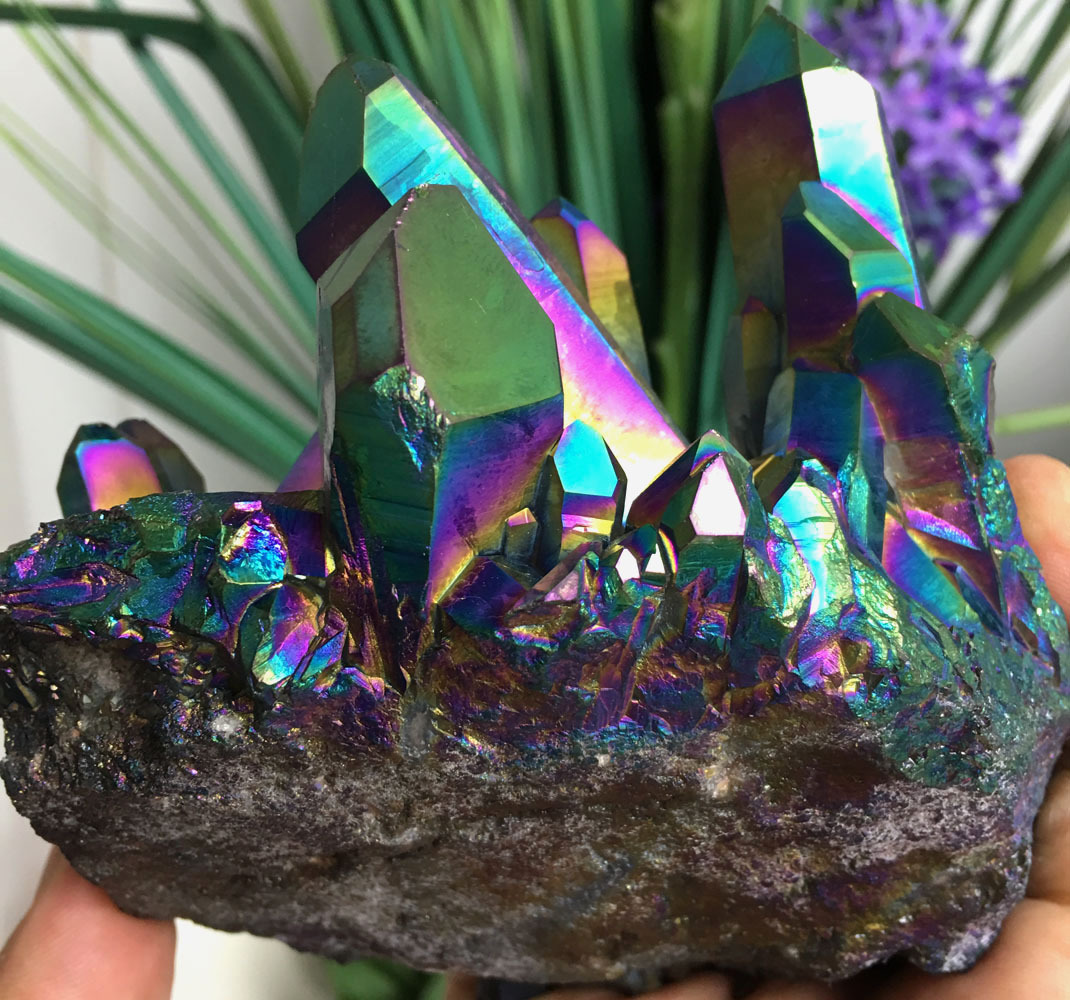 579g Rainbow Titanium plated Crystal Cluster, color-changing crystal