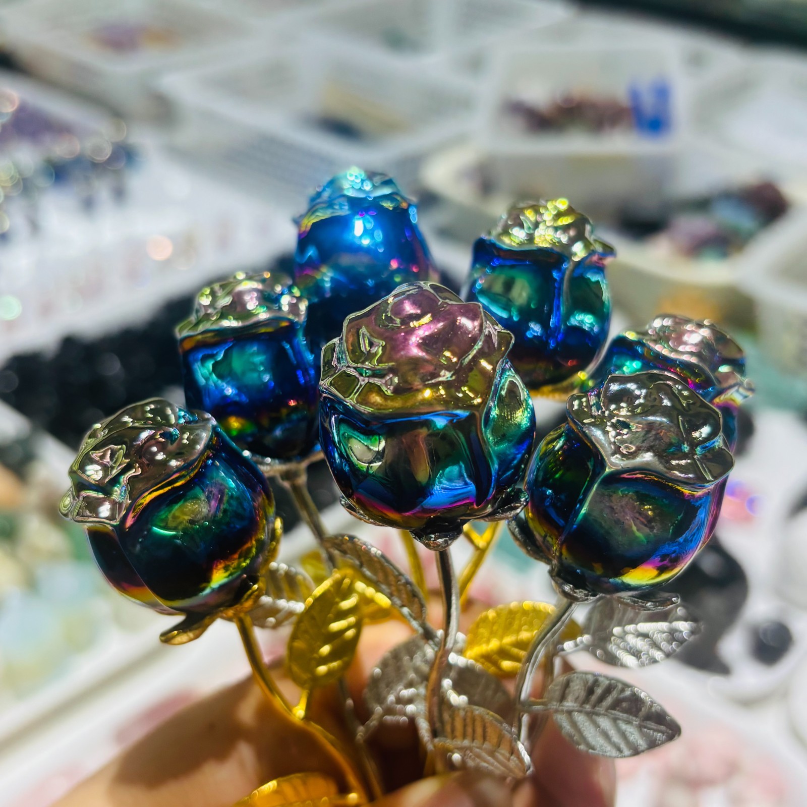 Top Rainbow Hand Carved Quartz Crystal Rose flower Home Decor Gift 1pc