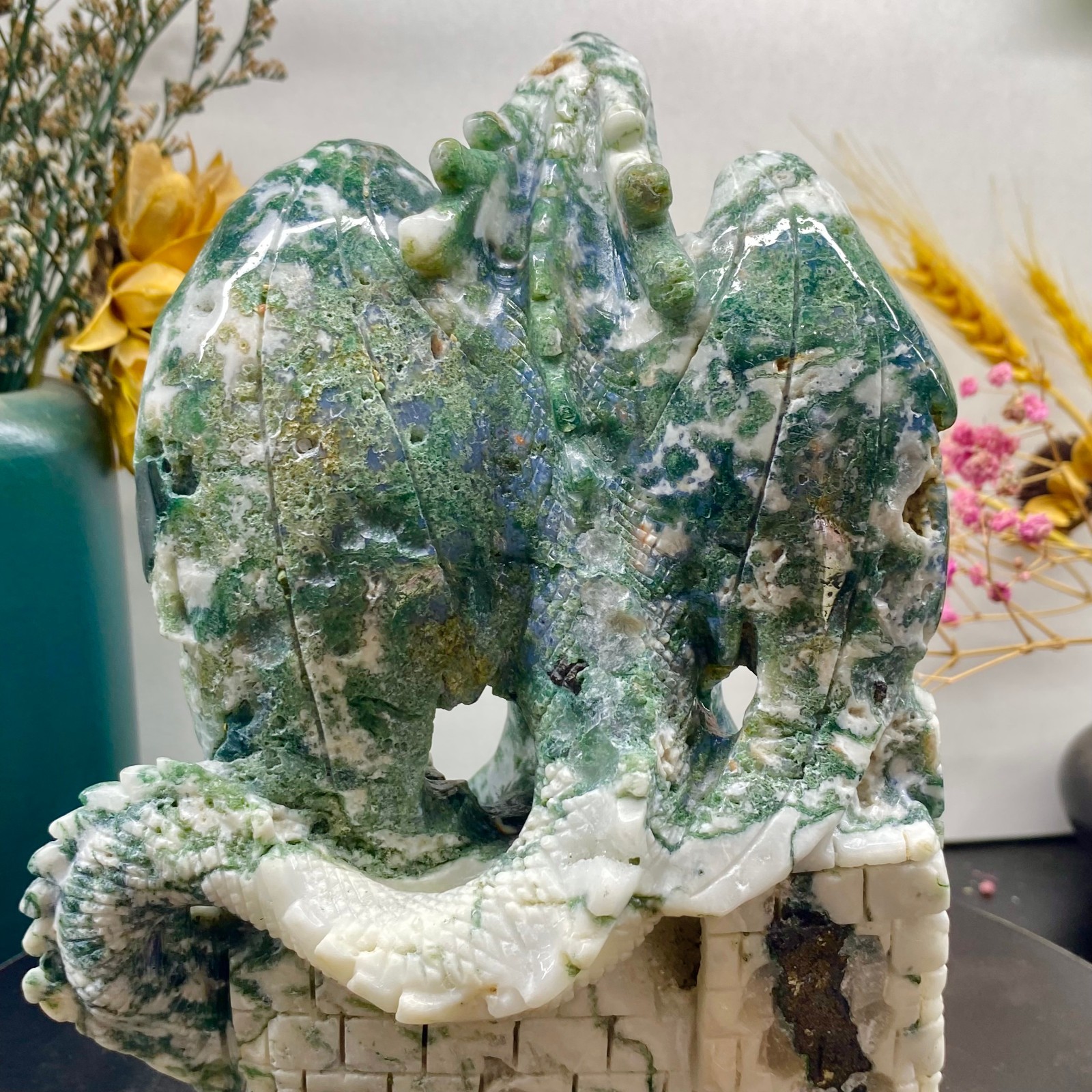3.08LB Natural ocean jade crystal hand carved dragon healing