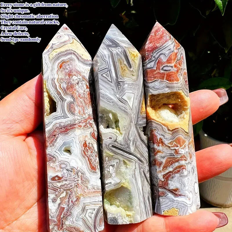 Crazy Lace Agate Crystal Point Tower Natural Stone Home Office Desk Decor Gift