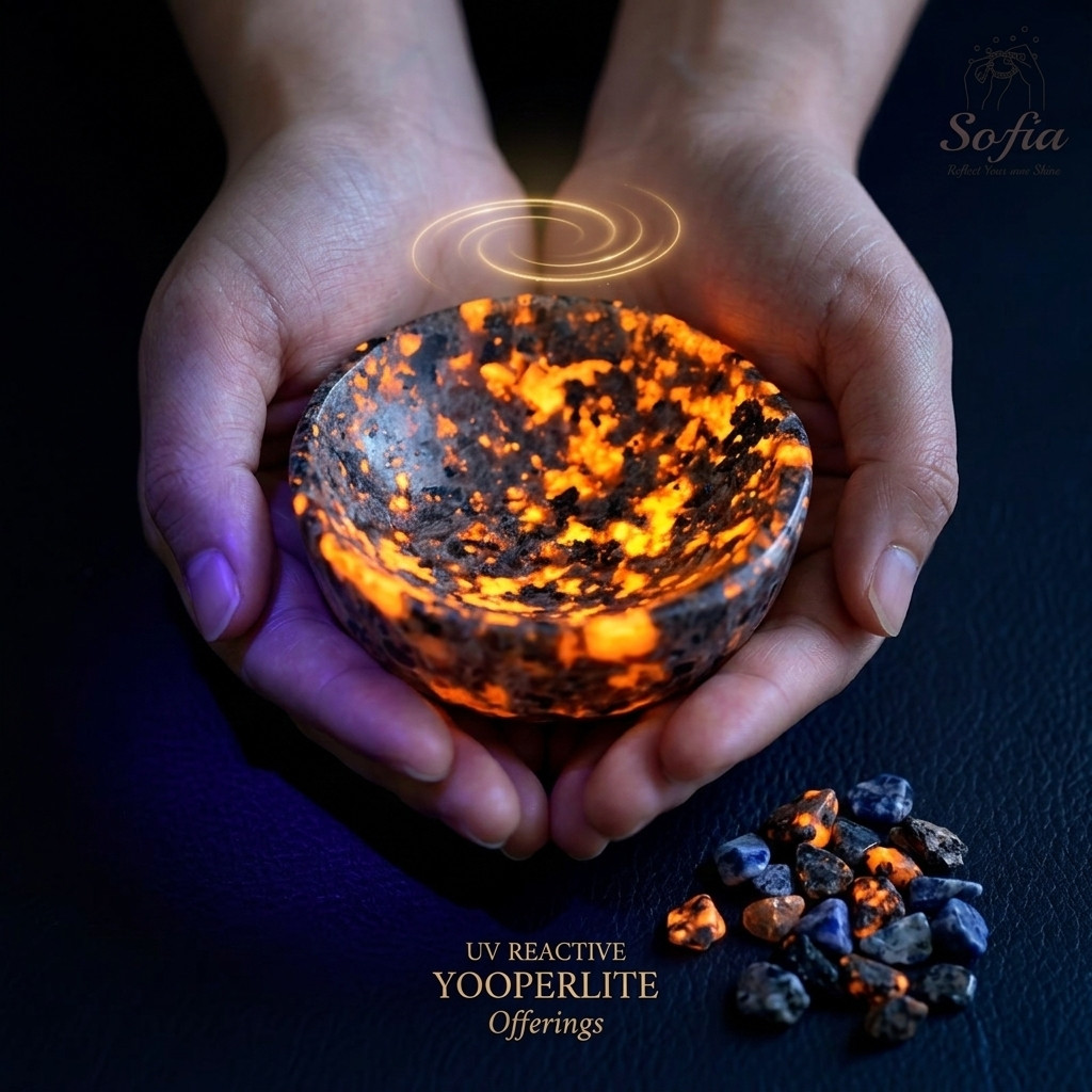 Genuine Yooperlite Stone Bowl UV Reactive Sodalite Crystal Charging Dish Gift