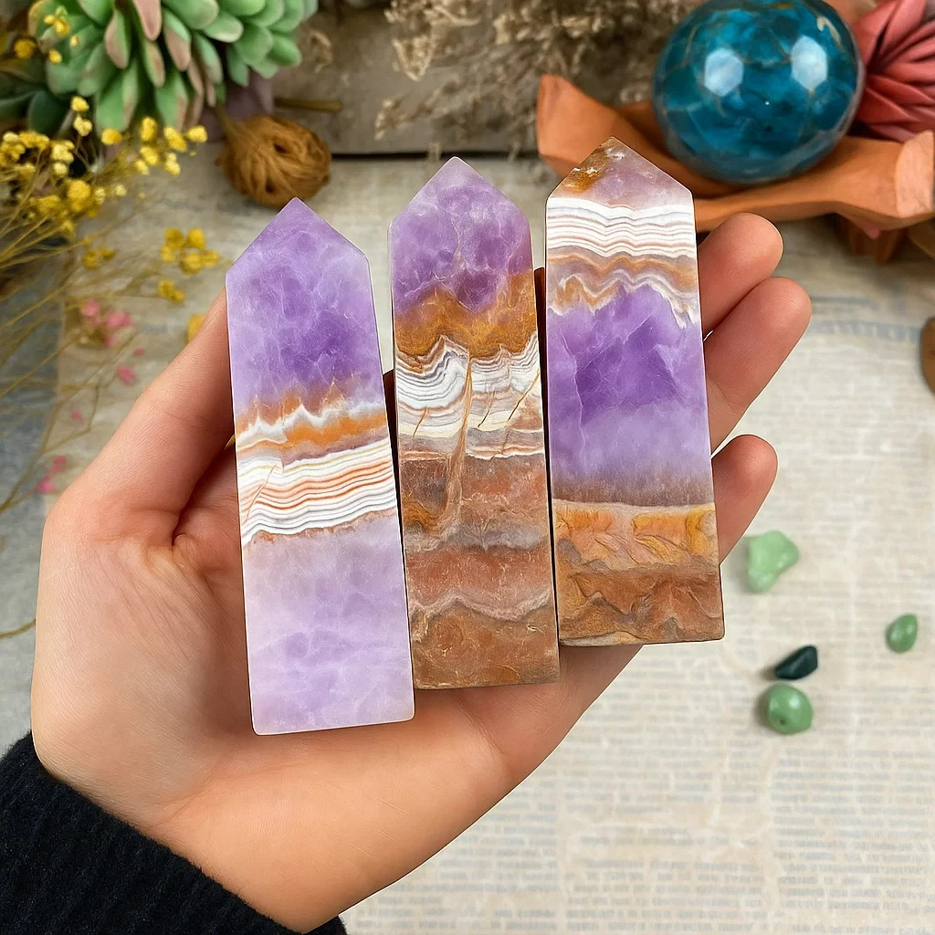 Natural Amethyst Lace Agate Tower Point Healing Crystal Reiki Obelisk Decoration
