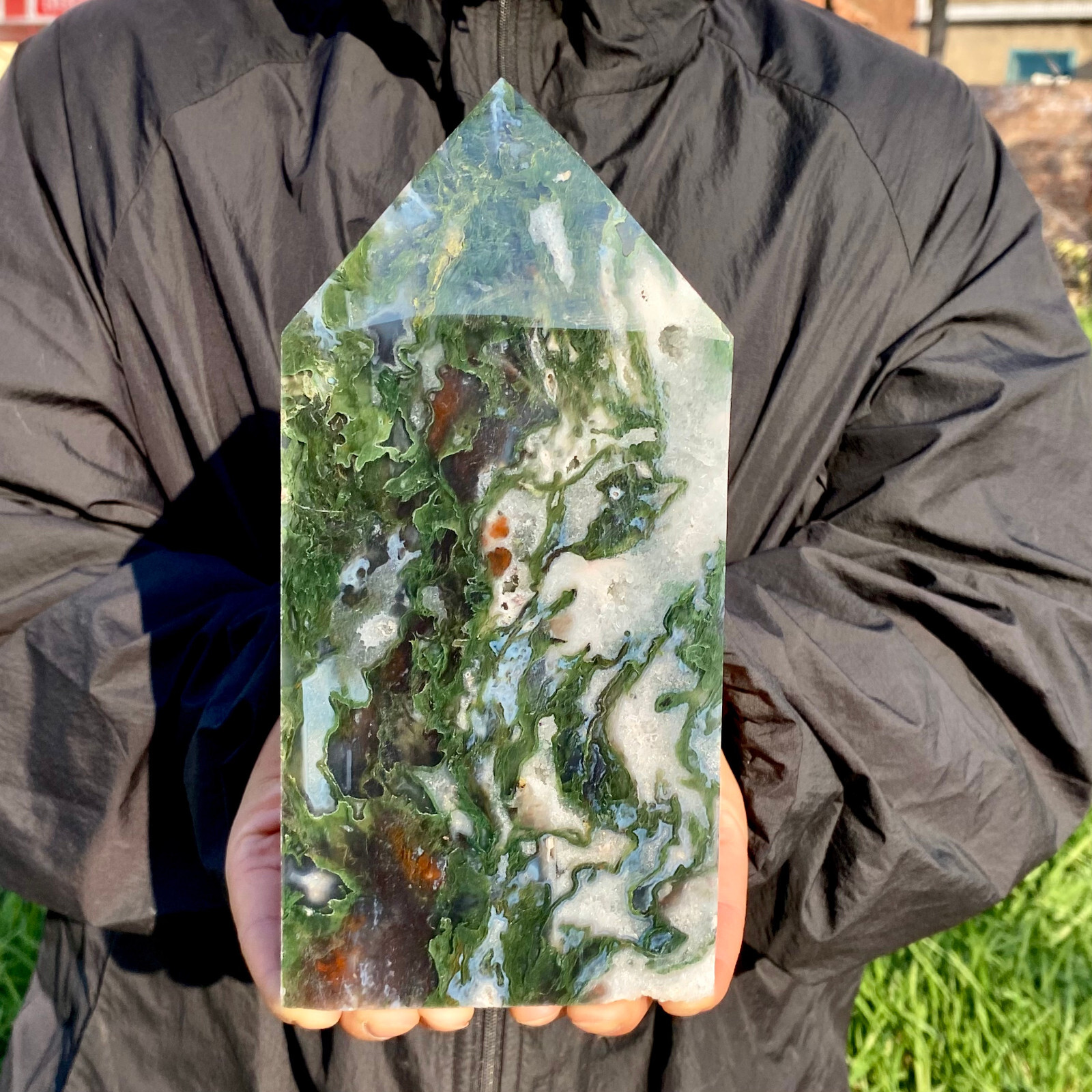 3.5LB Large Natural green druzy moss agate quartz obelisk crystal aura healing