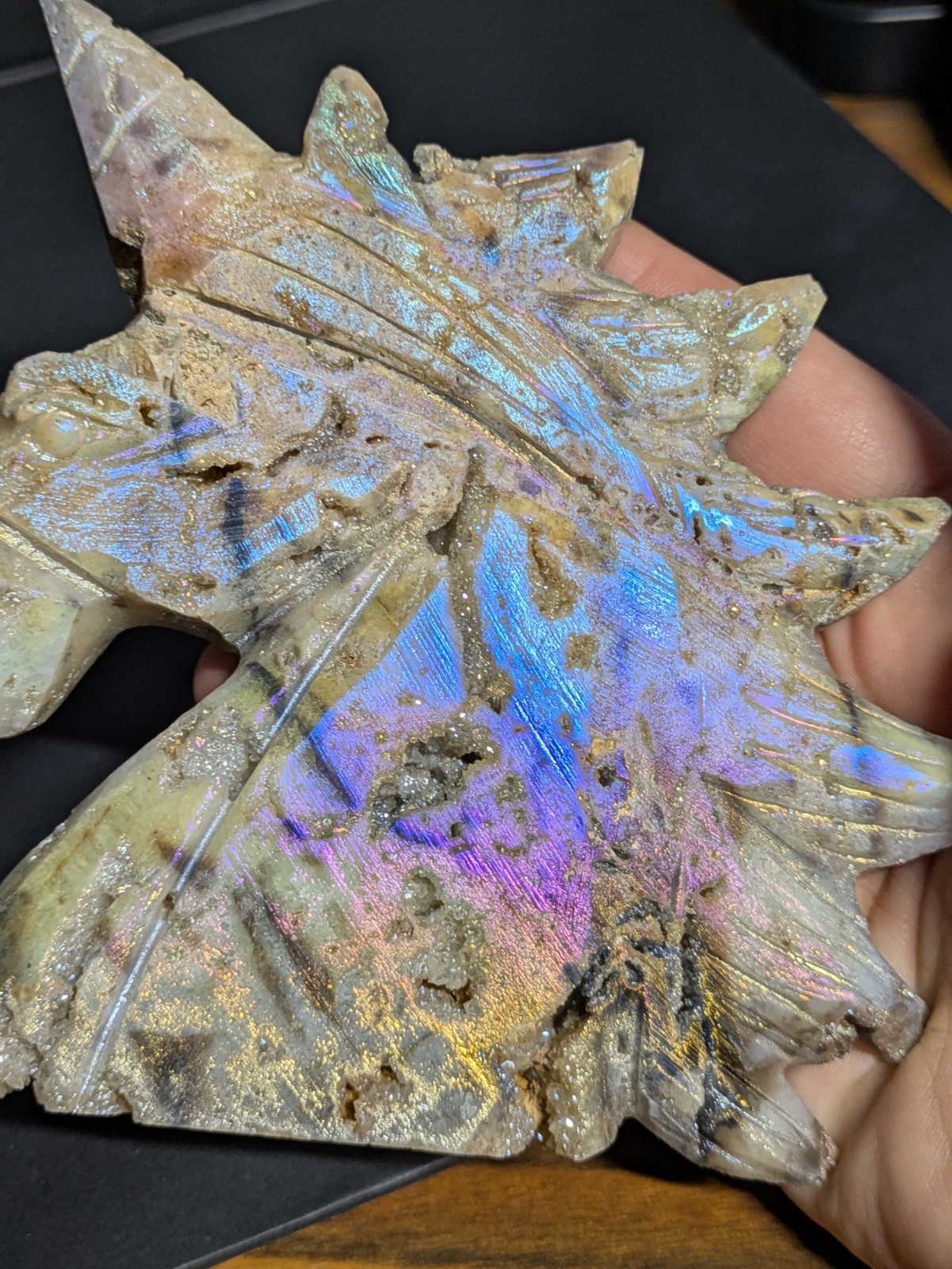Aura Sphalerite Crystal Unicorn Carving Shiny Blue Purple Pink Gold With Druzies