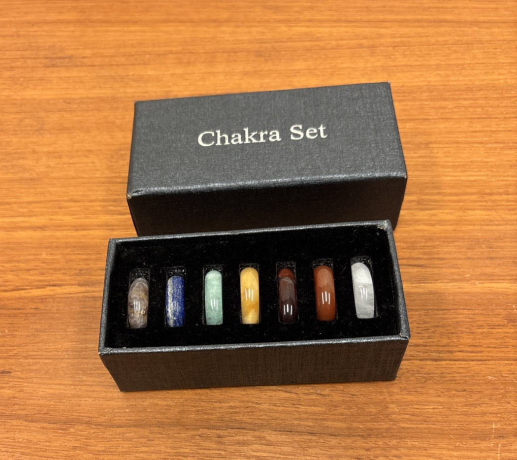 7 Chakra Round Stone Set Polished Smooth Engraved With Chakra Symbols New in Box