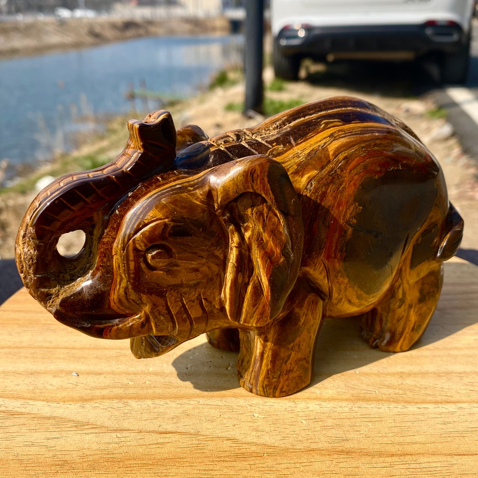 2.97LB Natural Tiger’s Eye Hand Carved Elephant Statue Reiki Healing Crystal