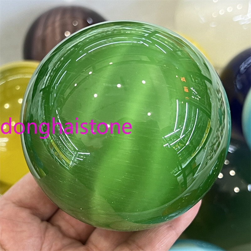 73mm+ Green Cat’s eye Carved Ball Quartz Crystal Sphere Figurines Healing 1PC
