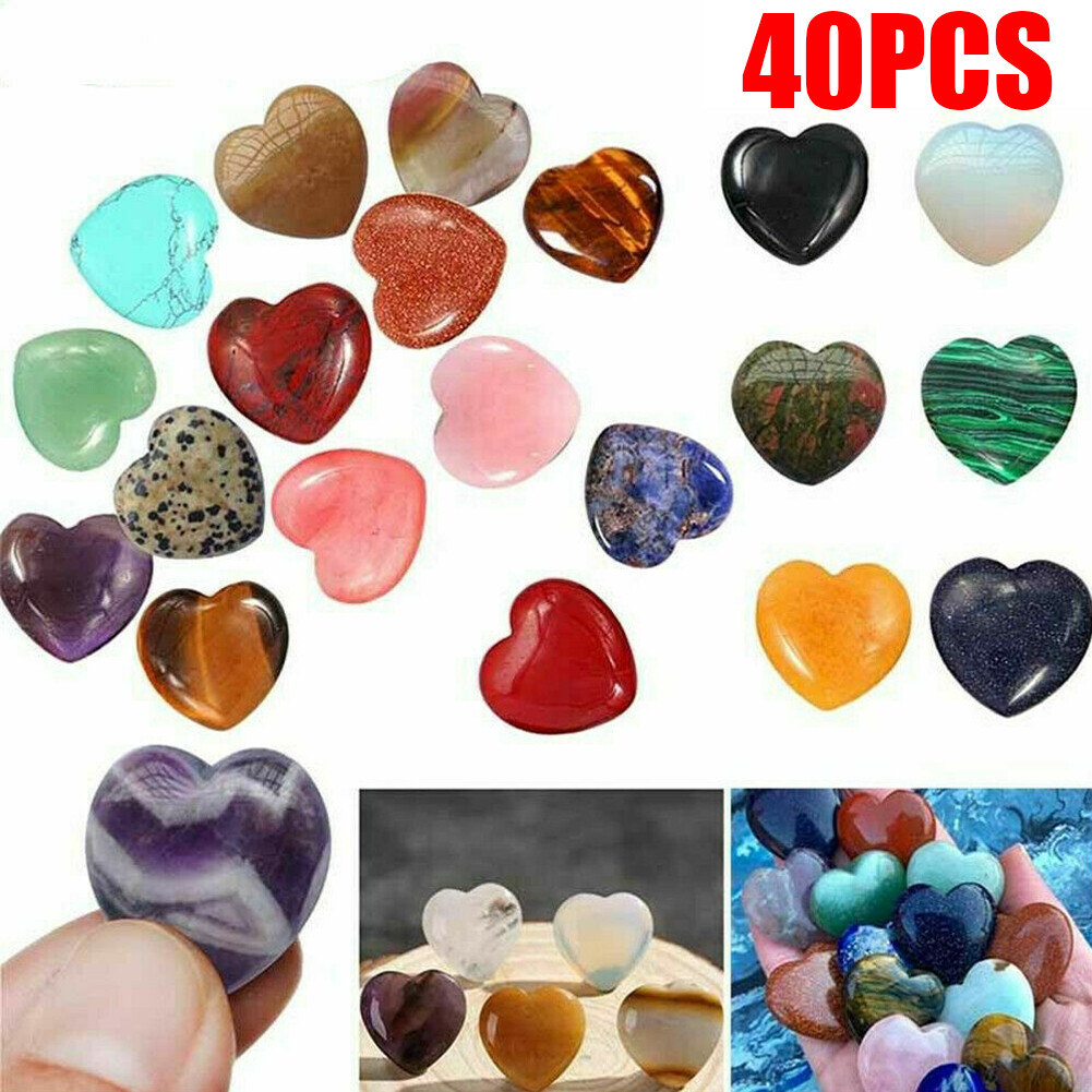 40 PCS 20mm Natural Crystal Quartz Carved Heart Shaped Healing Love Gemstones **