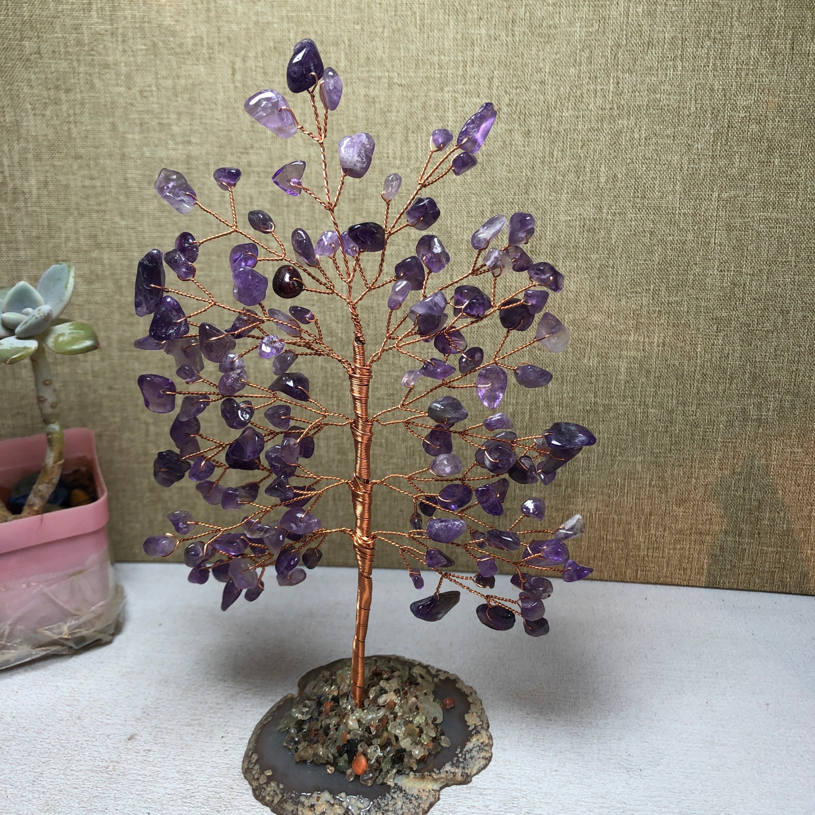 180mm Natural Wealth Tree purple crystal gravel agate slice base 121g A2479