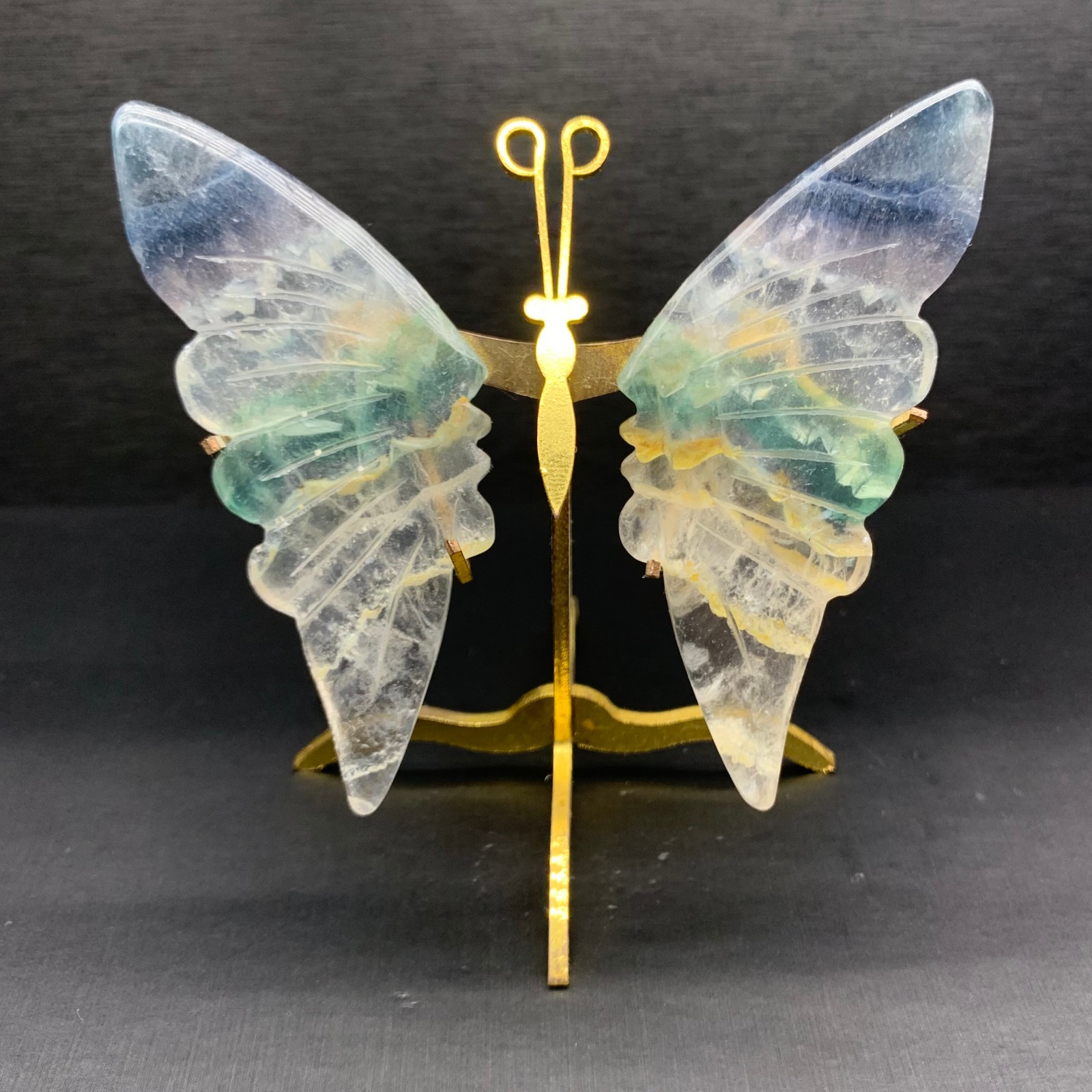 100G Natural Crystal Fluorite Butterfly Wings Healing Statue Decor + Stand