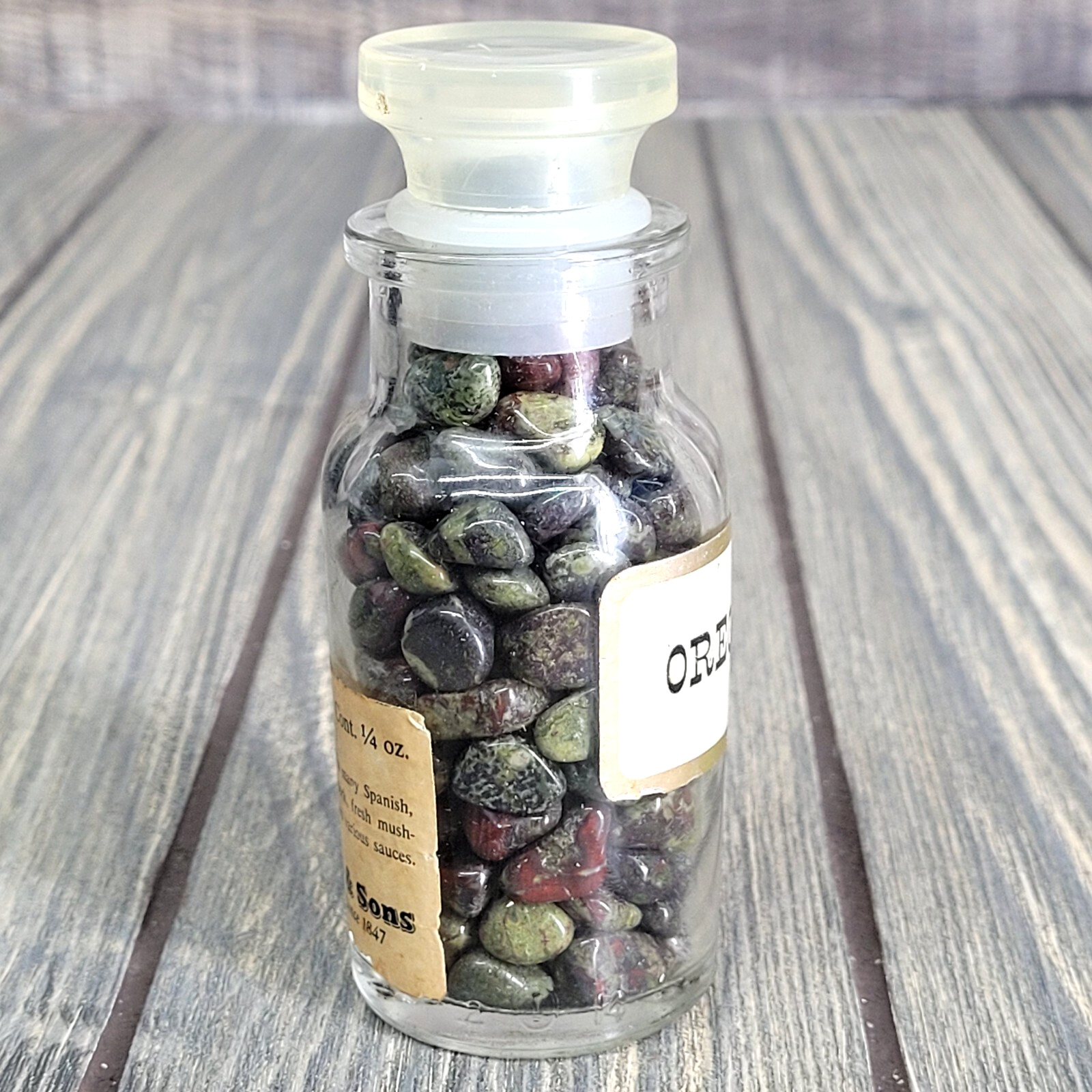 Dragon Blood Jasper 1/4lb Stone Tumbles in Vintage Apothecary Glass Jar Wagner