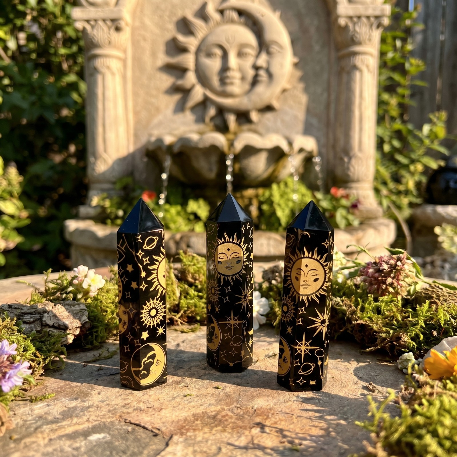 Black Obsidian Point Tower Carving With Gold Sun Moon Decals