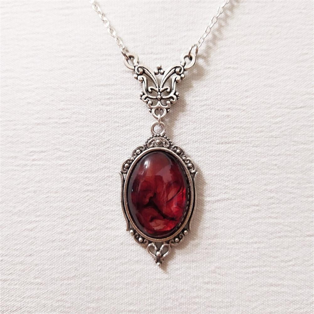 Gothic Blood Red Quartz Vampire Oval Pendant Necklace Witch Vintage Choker