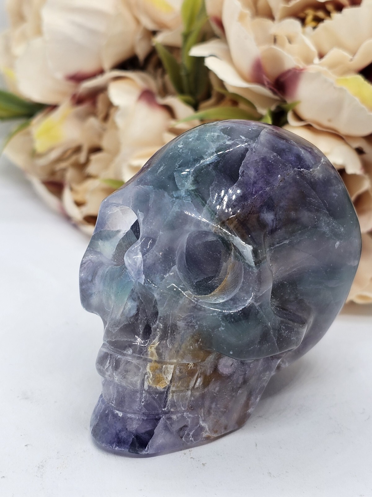 Rainbow Fluorite Skull Crystal Carving 248g Purple Green Blue 5x 6 x 4cm