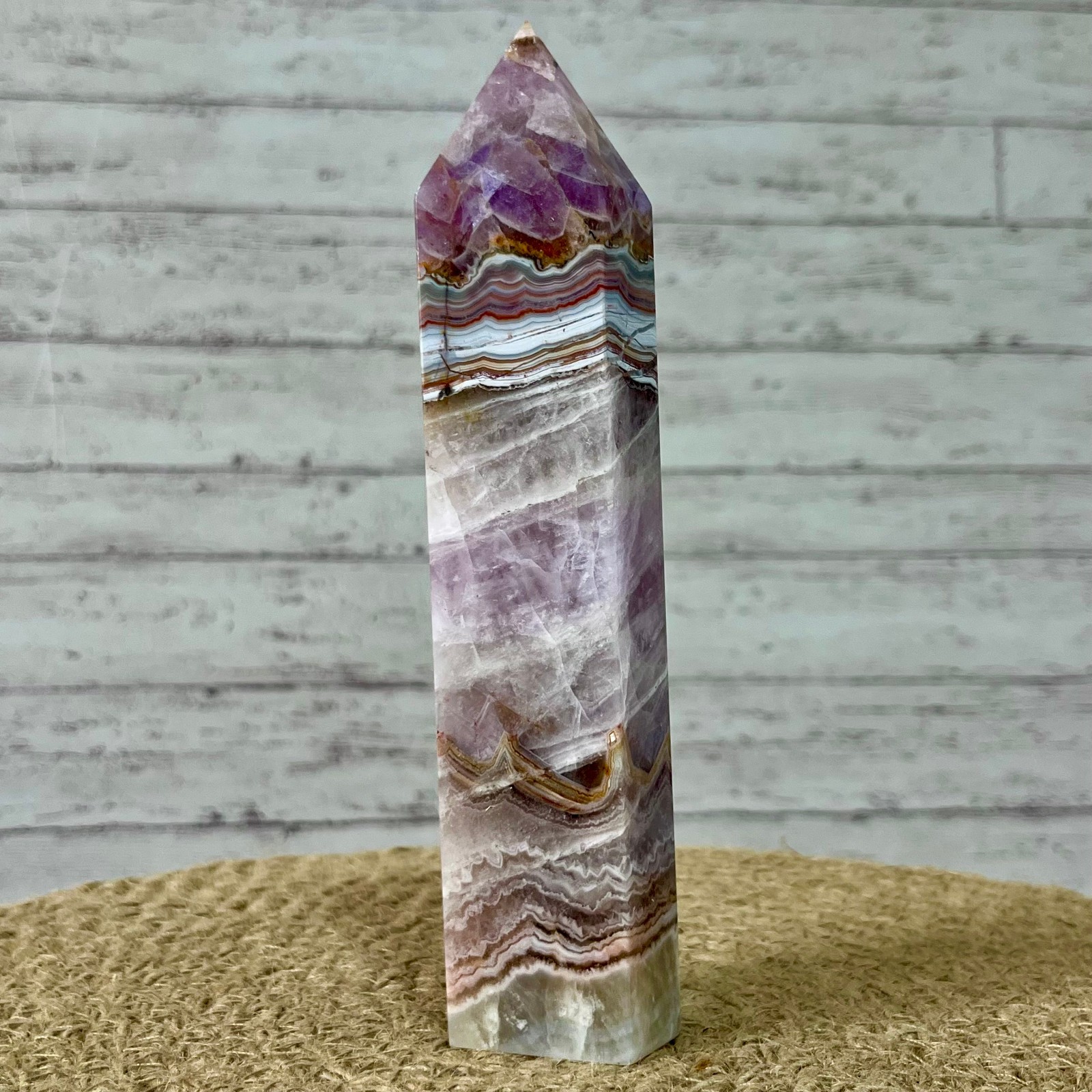 381 g Natural Amethyst Agate Tower Striped Pattern Crystal Obelisk