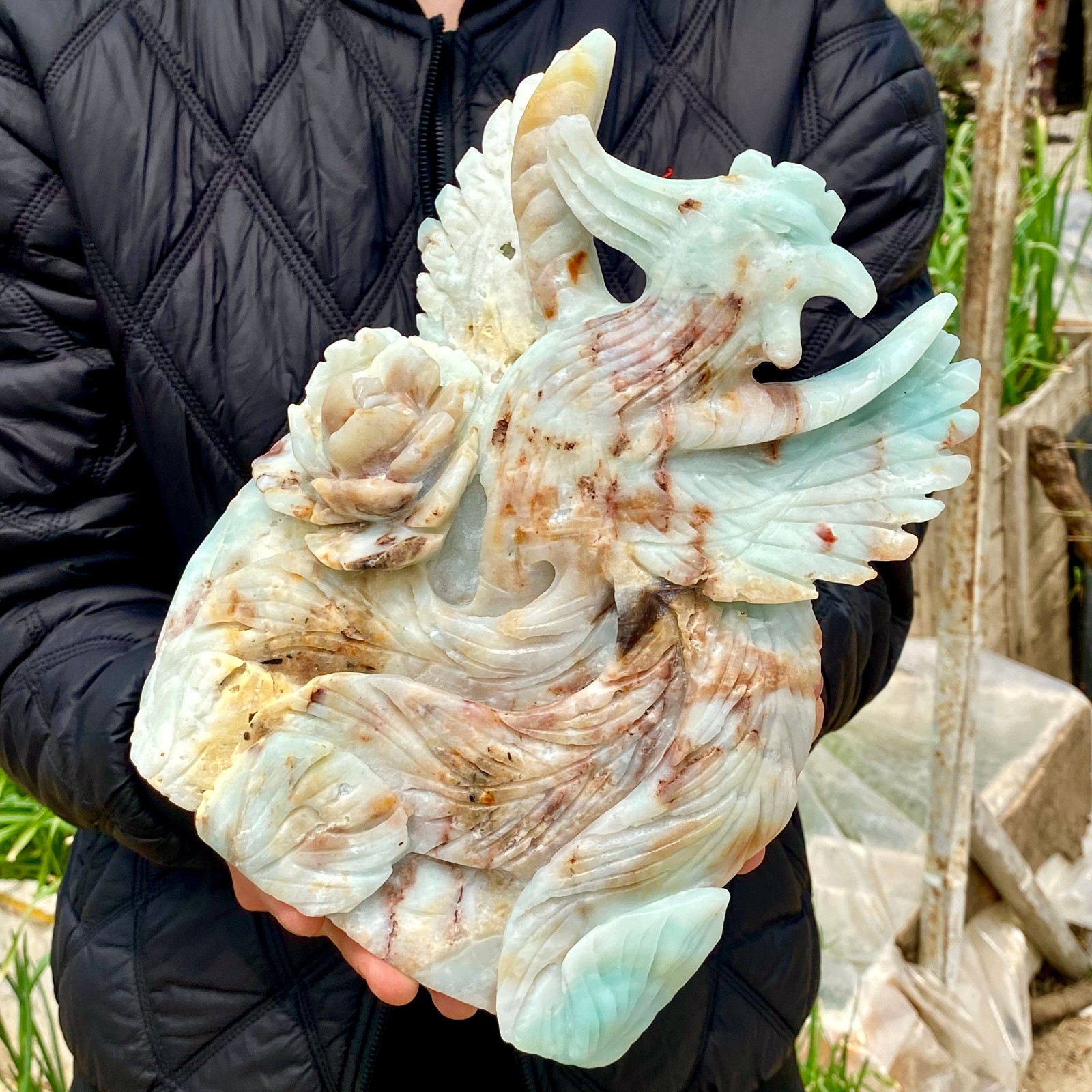 6.6LB Natural Tianhe stone hand carved Dudan Phoenix ornament, spiritual energy