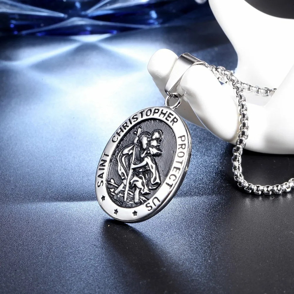 Mens St Saint Christopher Medal Pendant Necklace Stainless Steel Amulet 1PC