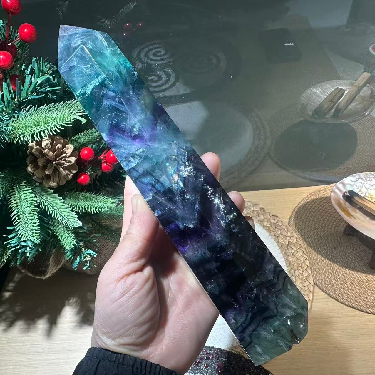 3.14LB 9″ Natural Rainbow Fluorite Tower Obelisk Crystal Healing Quartz Decor