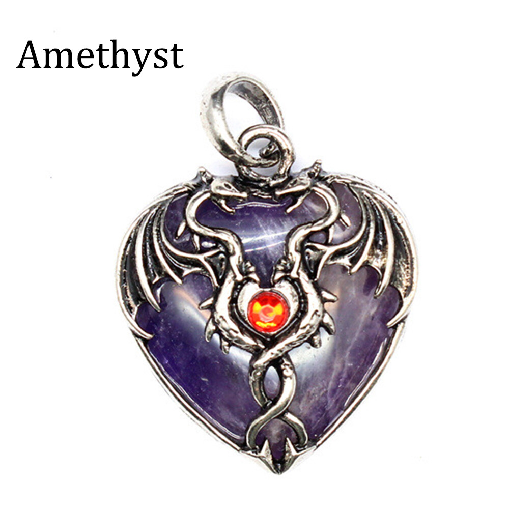 Natural Crystal Chakra Heart Double Dragon Pendant Quartz Skull Reiki Healing