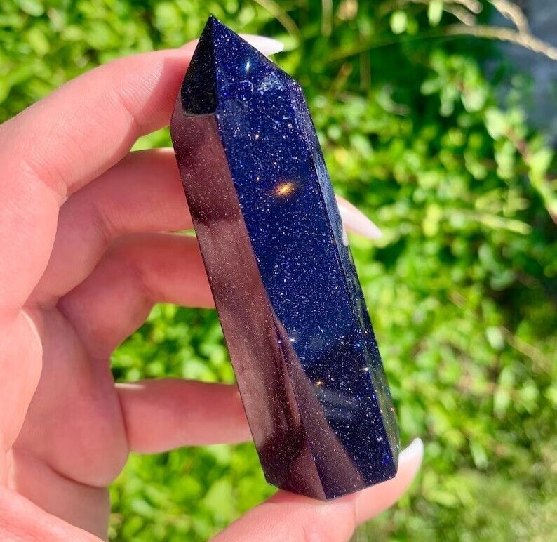 Blue Goldstone Natural Crystal Wand Obelisk Reiki Tower Point Home Car Ornament