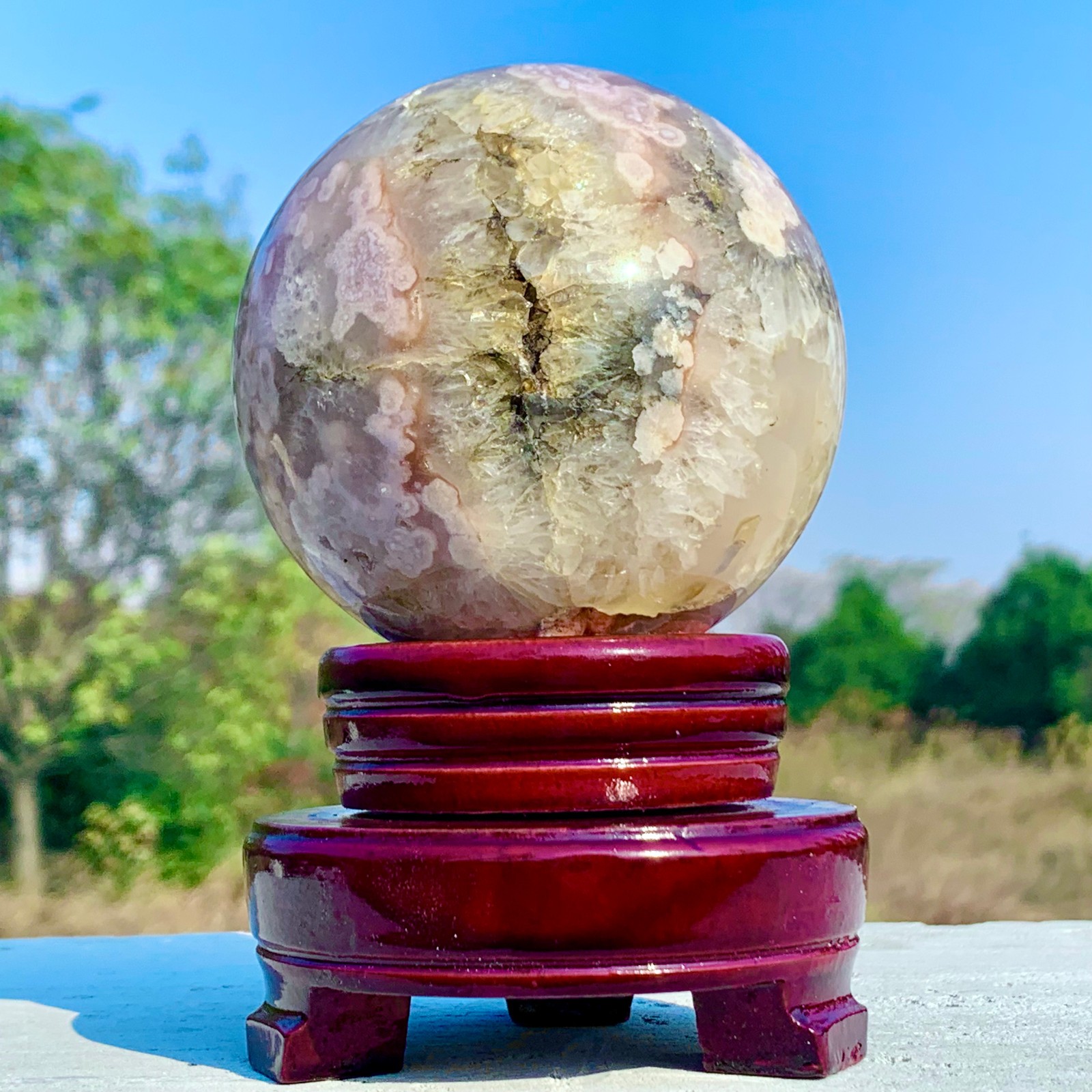 1.92LB Natural Pink Cherry Blossom Agate Geode Quartz Sphere Crystal Energy Ball