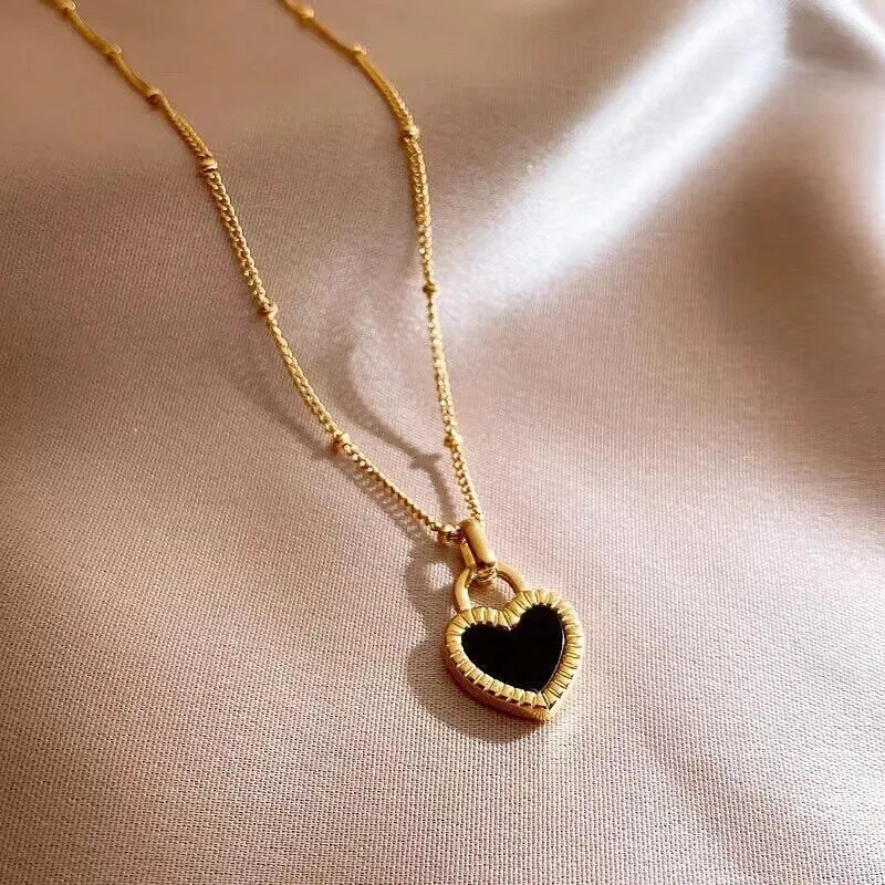 Fashion Jewelry Gold Black Heart Cubic Zircon Pendant Necklace 1PC