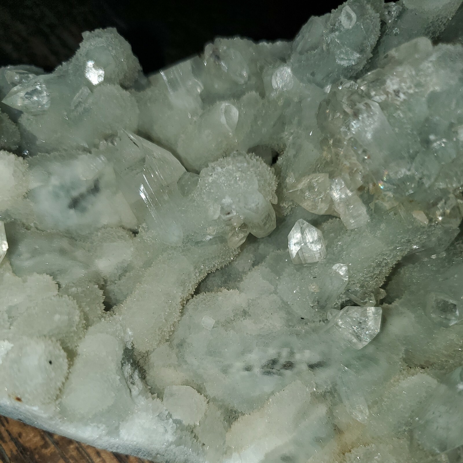 Apophylite and Calcite on Blue Chalcedony. Approx 1lb 8.1oz, 6in x 4in x 3.5in