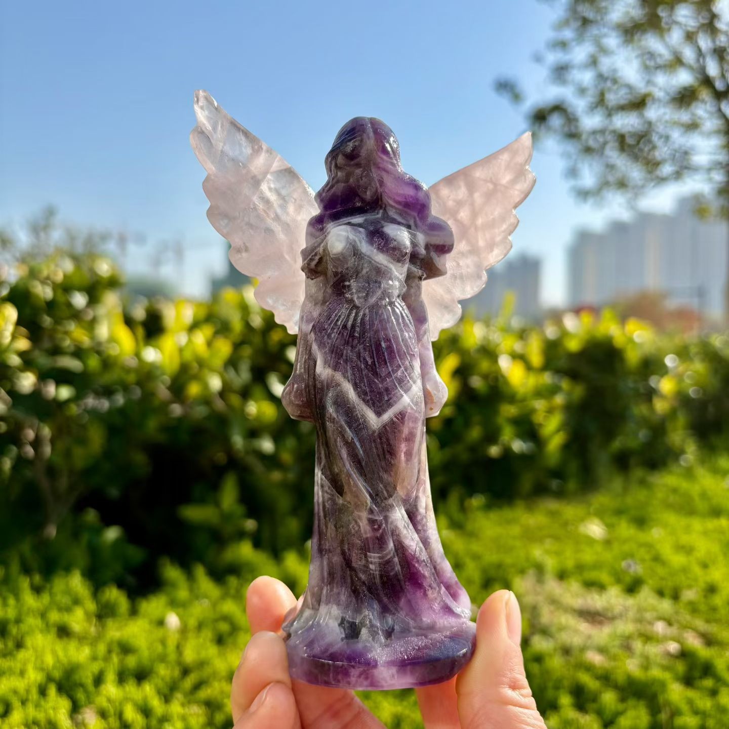5.5″ natural Dream Amethyst Angel Skull Quartz Crystal Carved Reiki Healing