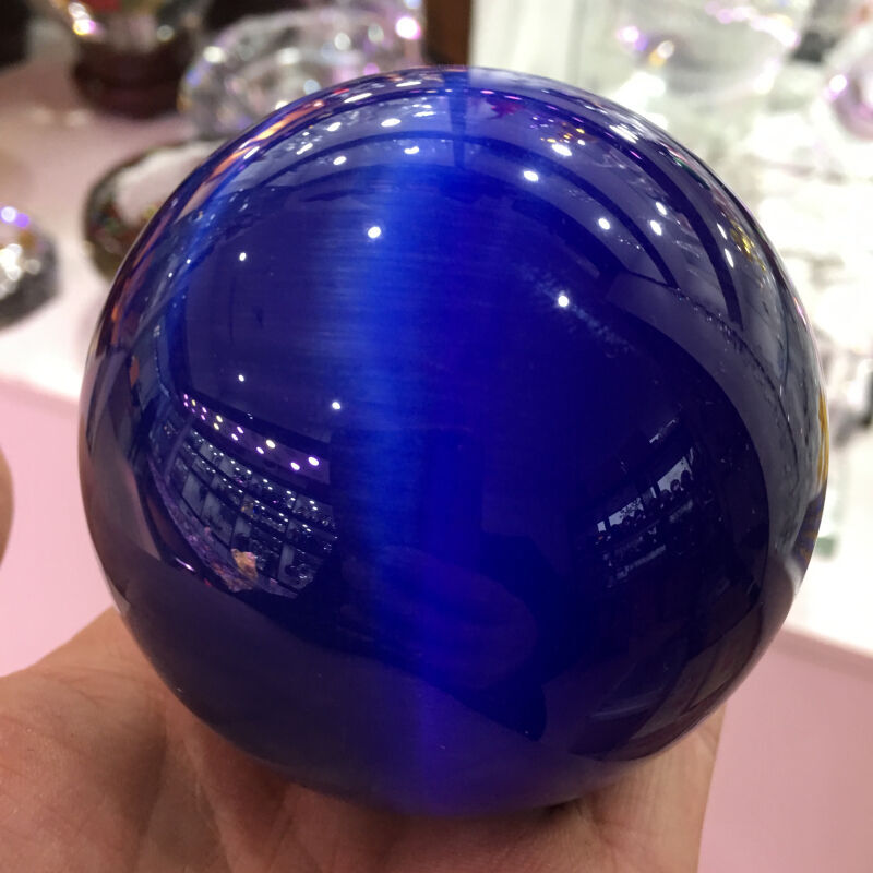 290g Rare Natural Quartz Blue Cat Eye Crystal Healing Ball Sphere 60mm + Stand
