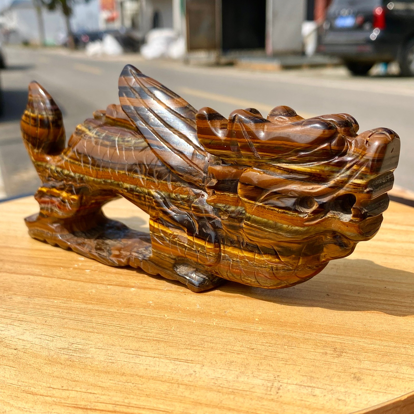 462G Natural Tiger Eye Hand Carved Dragon Figurine Crystal Healing Stone
