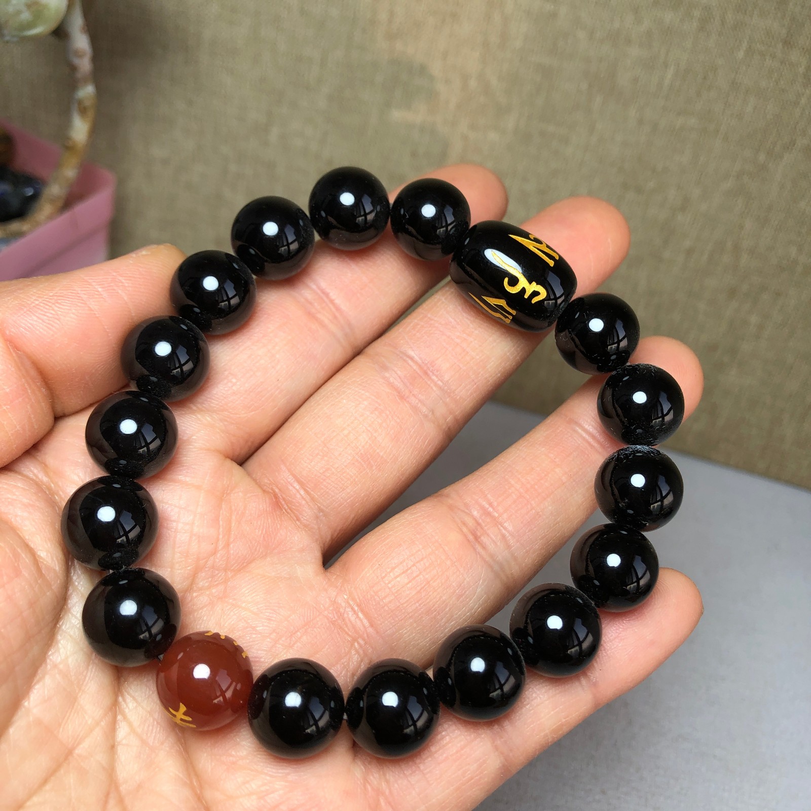 1pcs wholesale Natural Black Obsidian Crystal chain beads bracelet 12mm A2790