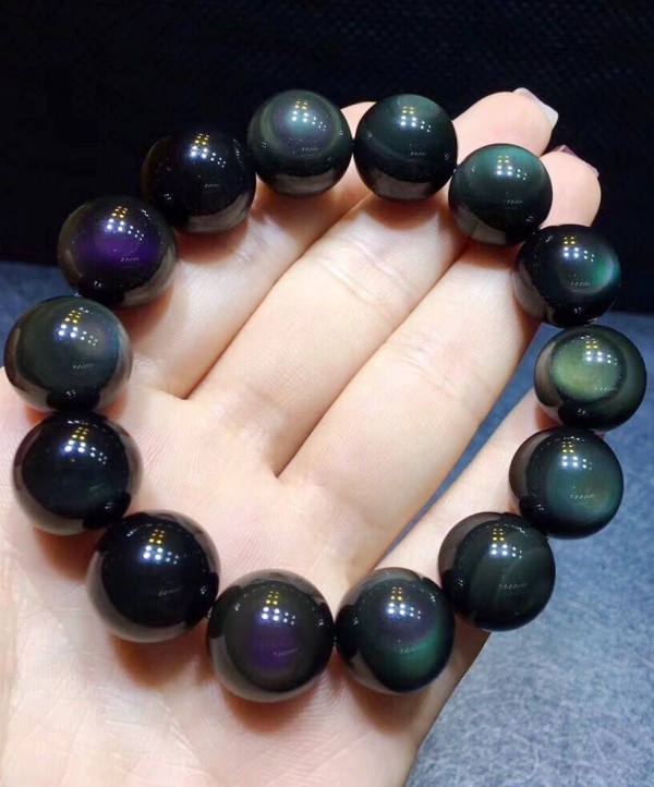 16mm Natural Rainbow Black Obsidian Gemstone Round Beads Stretch Bracelet