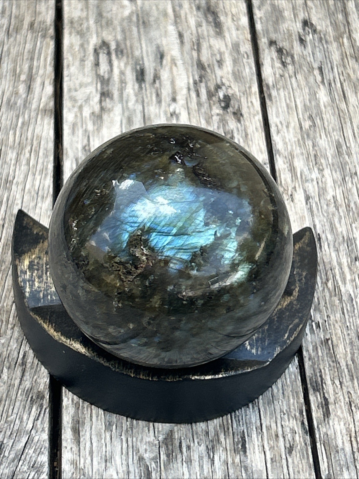 Large 75mm 644g Natural Labradorite Crystal Sphere Blue Flash w/ Stand