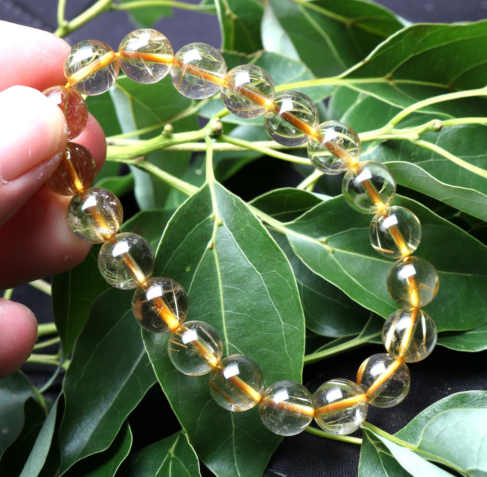 25.2g Rare Natural Clear Gold Rutilated Quartz Crystal 10mm Round Bead Hand cate