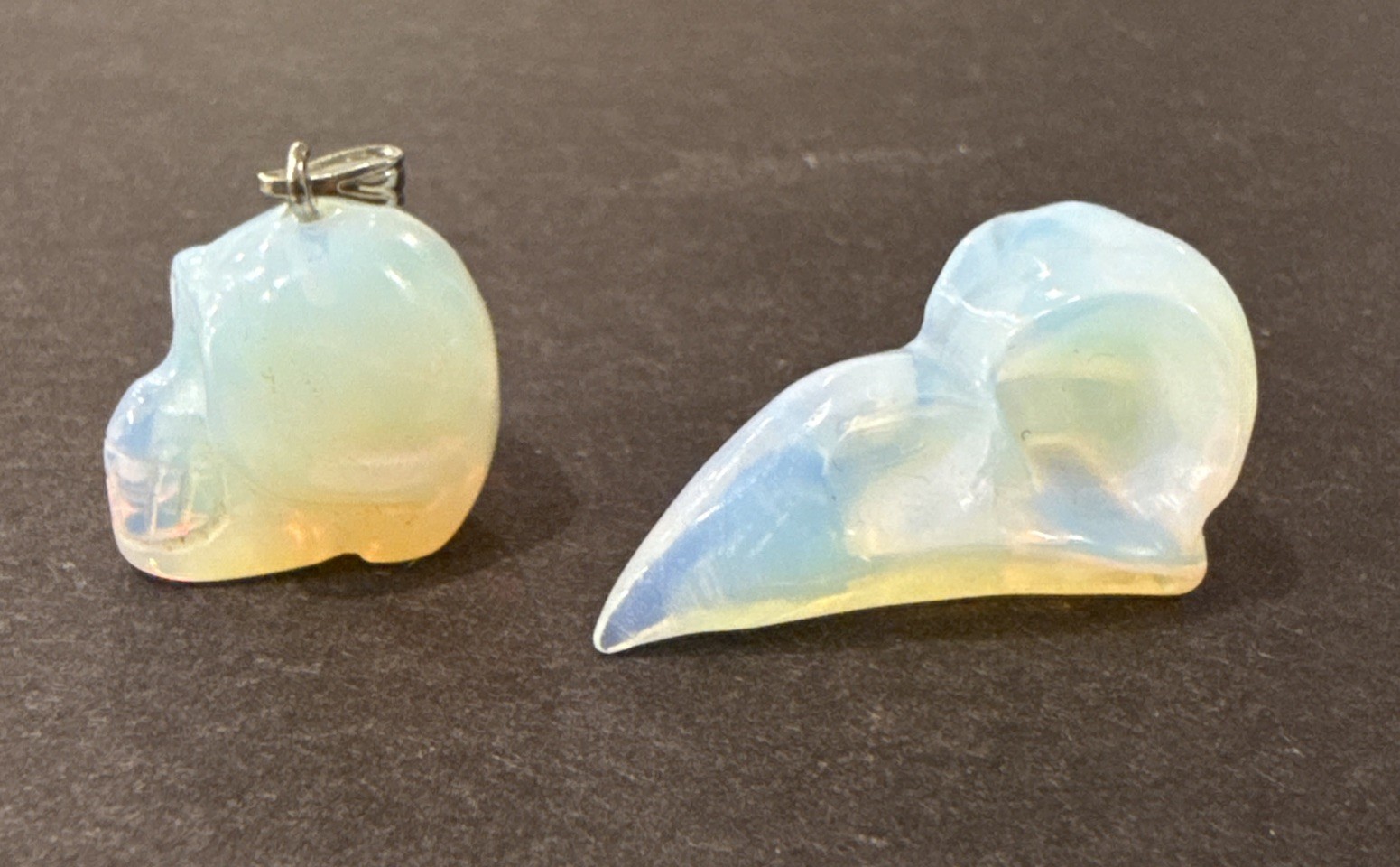 Opalite Crystal Skull & Raven Skull Set – Carved Iridescent Gemstone Lot of 2