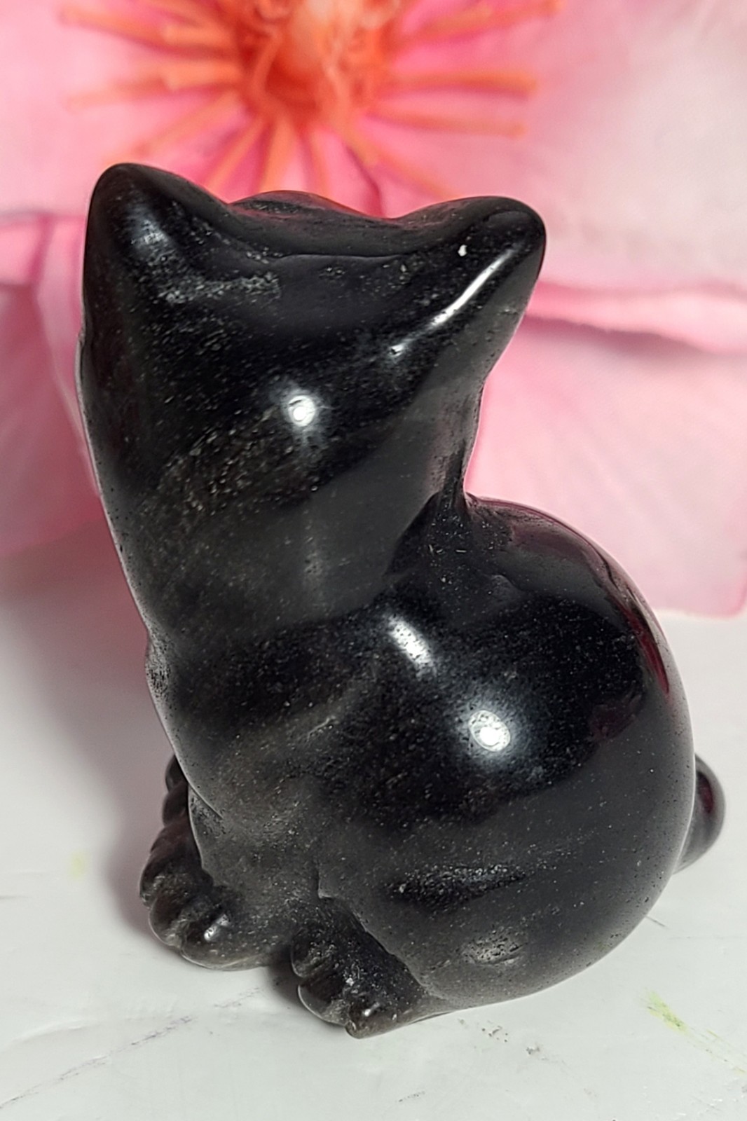 2″ 54g Adorable Silver Sheen Obsidian Sitting Cat Crystal Stone Carving Statue