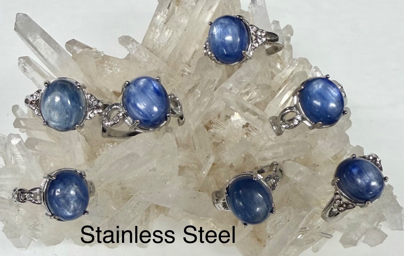 Wholesale 7 Pcs Natural Blue Kyanite Stainless Steel(316) Rings Crystal 10x12mm