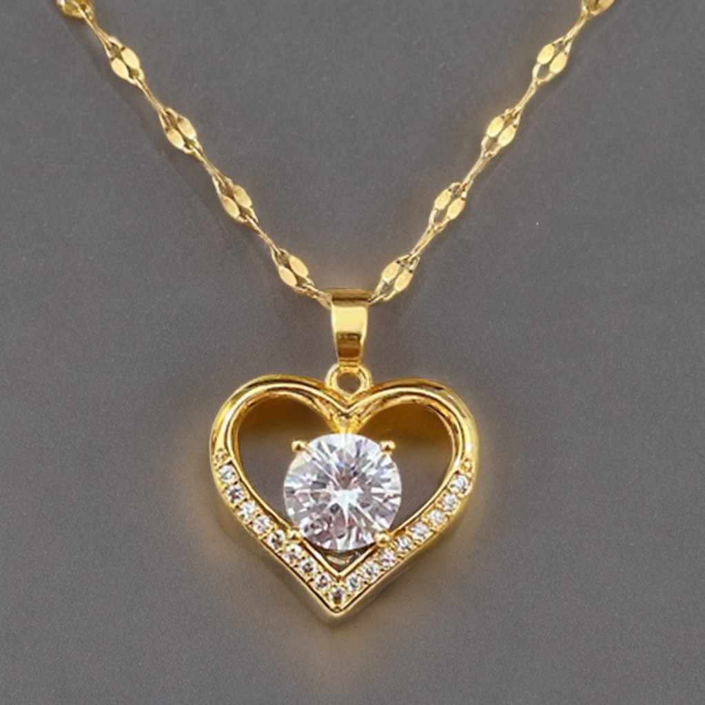 Golden Heart Lips Pendant Necklace Stainless Steel Artificial Gems Jewelry