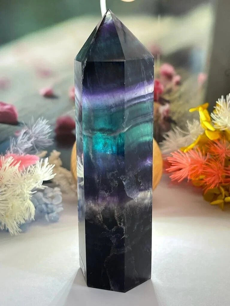 Natural Rainbow Fluorite Crystal Tower Obelisk Reiki Healing Meditation Decor