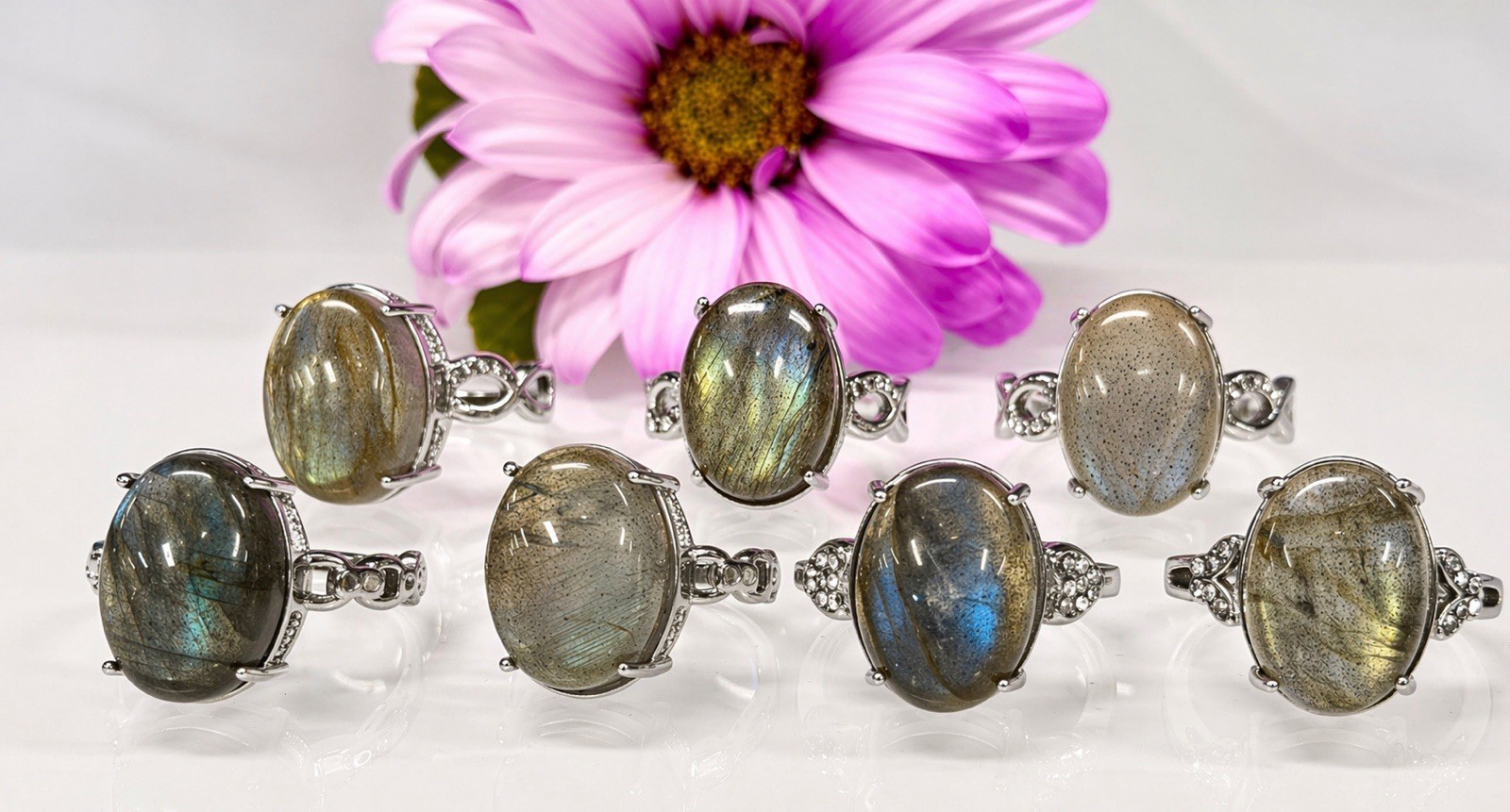 Wholesale 7 Pcs Natural Labradorite Stainless Steel Rings(316) Crystal 12x16mm