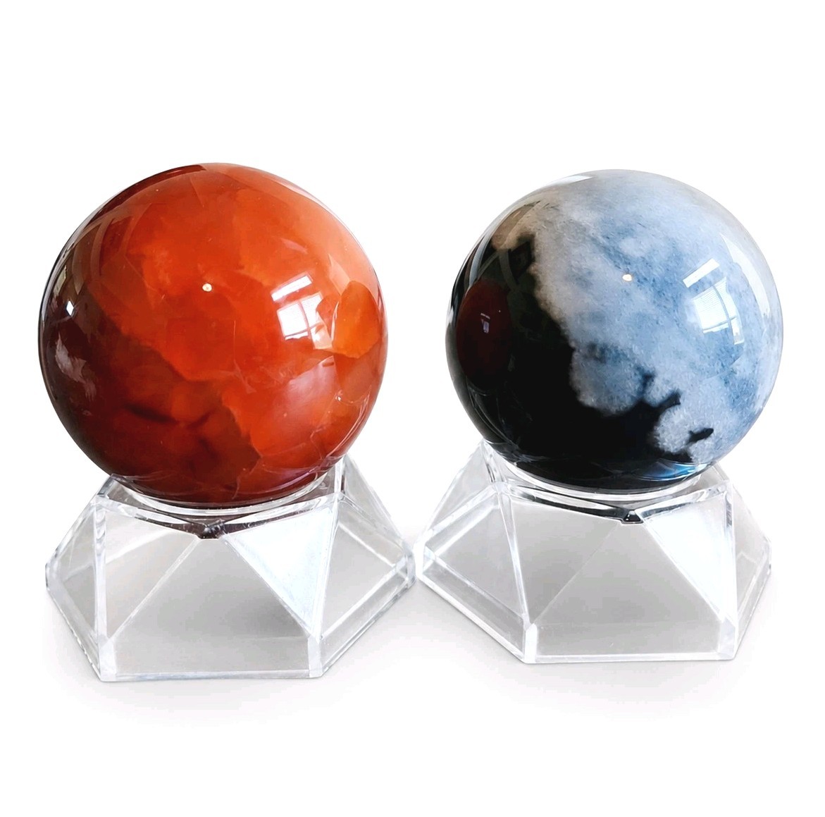 Lot Of 2 Polished Red Carnelian Agate & Black Flower Agate Spheres – USA