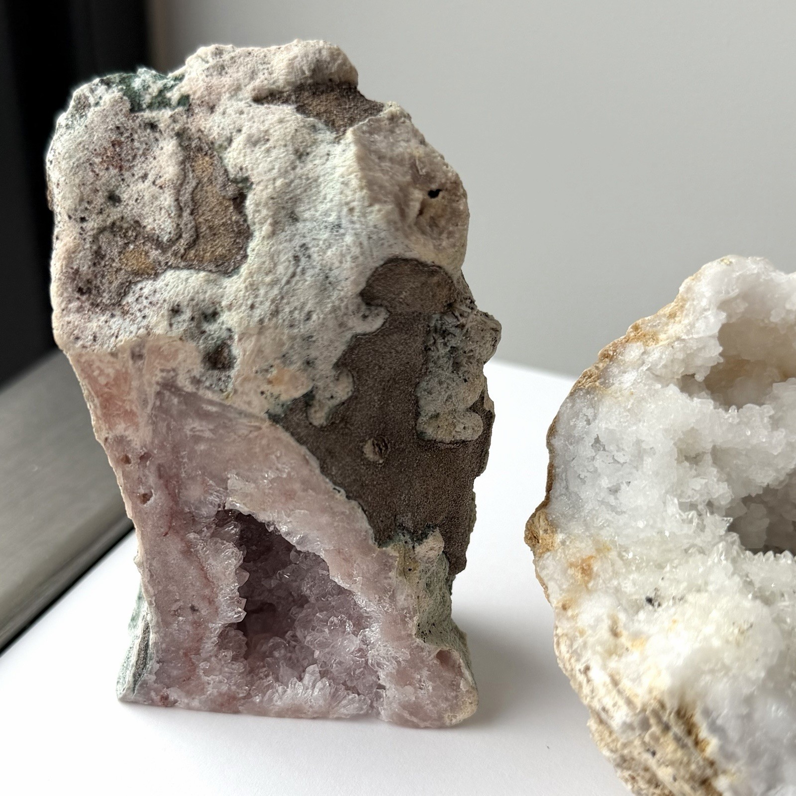Natural White & Amethyst Crystal Geode Cluster Gem Specimen Set Of 2