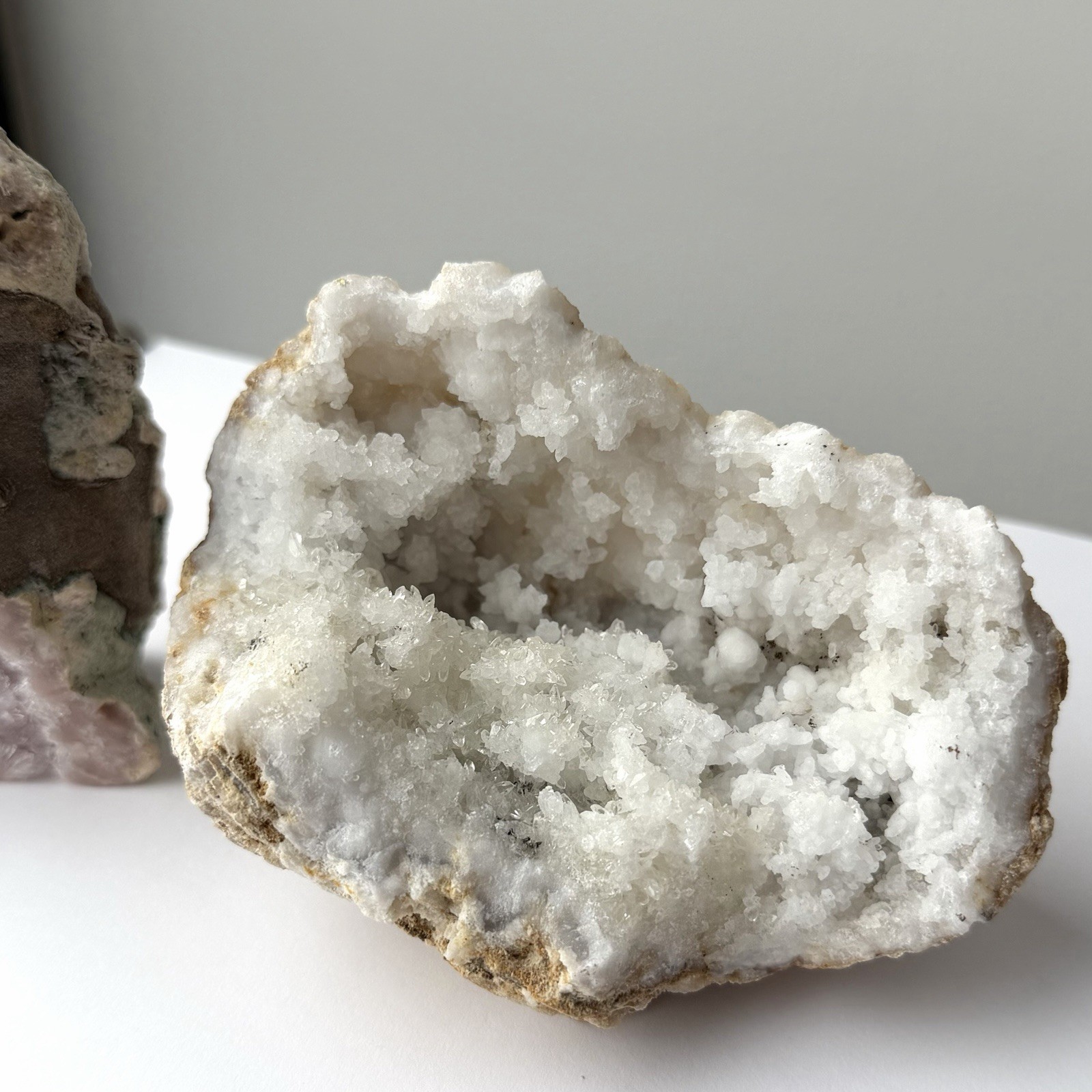 Natural White & Amethyst Crystal Geode Cluster Gem Specimen Set Of 2