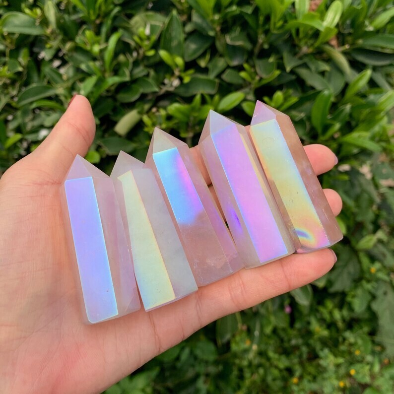 Angel Aura Rose Quartz Specimen Healing Crystal Wand Obelisk Tower Point Gifts