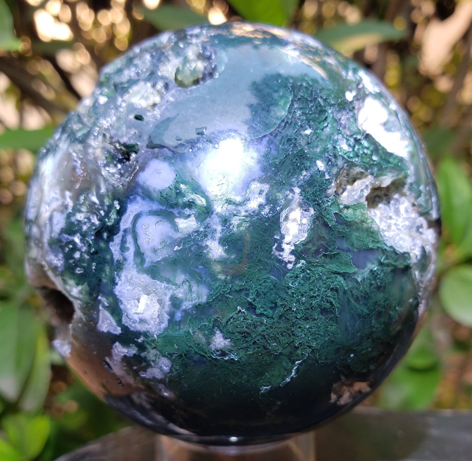 3″ Green Moss Agate Quartz Crystal Mineral Semi-Polished Sphere Ball Orb UV,532g